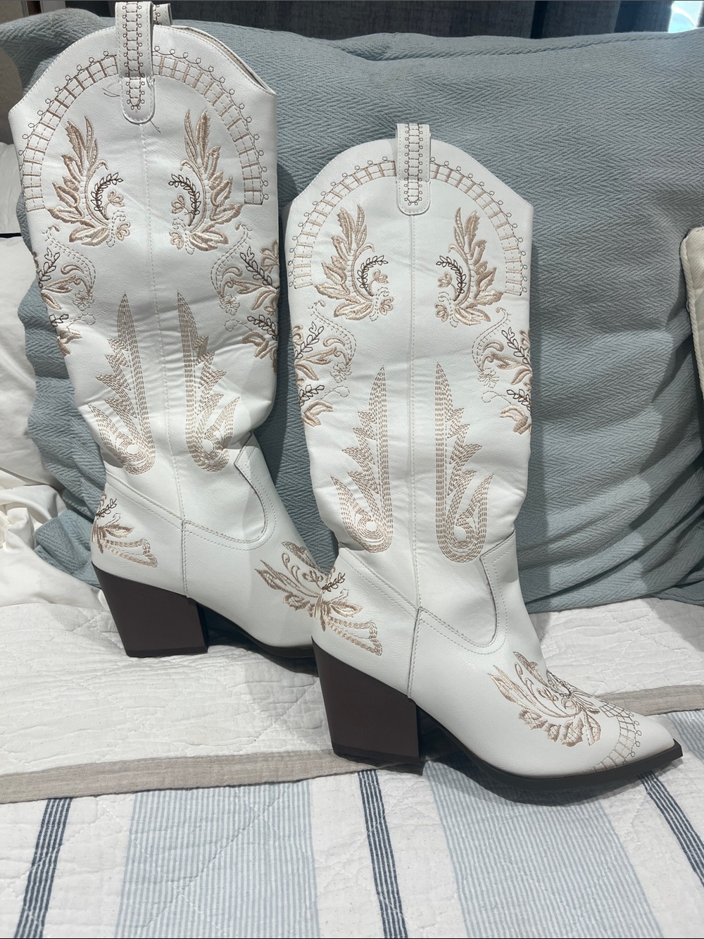 White Faux Leather Western Boots with Tan Embroidery